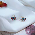 Gold Tone Blue Red Enamel Mini Butterfly Stud Earrings view 6