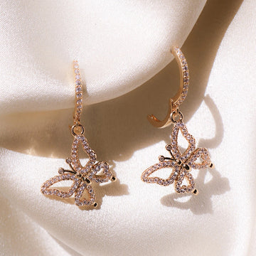 Rose Gold Tone Butterfly Drop Earrings With Clear Stones