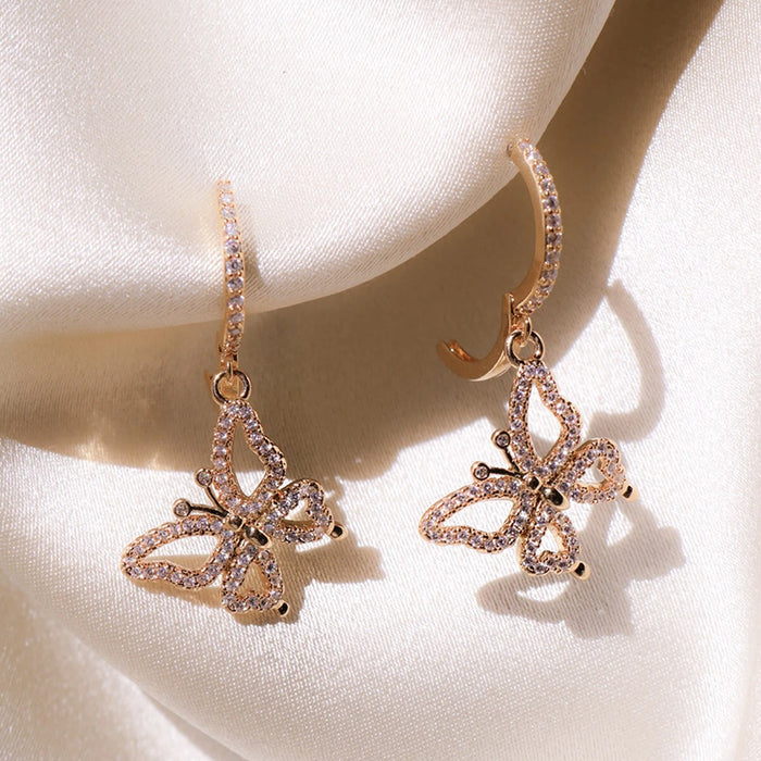 Rose Gold Tone Butterfly Drop Earrings With Clear Stones