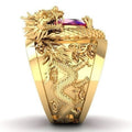 Red Oval Stone Sculpted Dragon Wide Signet Ring Gold Tone view 3