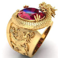 Red Oval Stone Sculpted Dragon Wide Signet Ring Gold Tone view 2