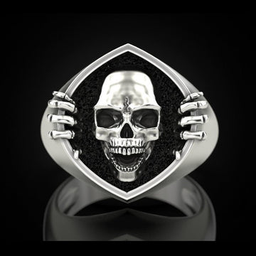 Silver Tone Skull Shield Signet Ring Skeletal Hands Sizes 6-12