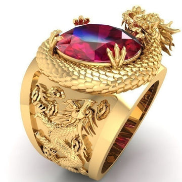 Red Oval Stone Sculpted Dragon Wide Signet Ring Gold Tone