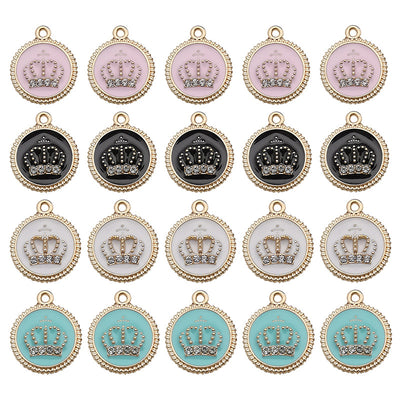 Colorful crown charms arranged on a light background