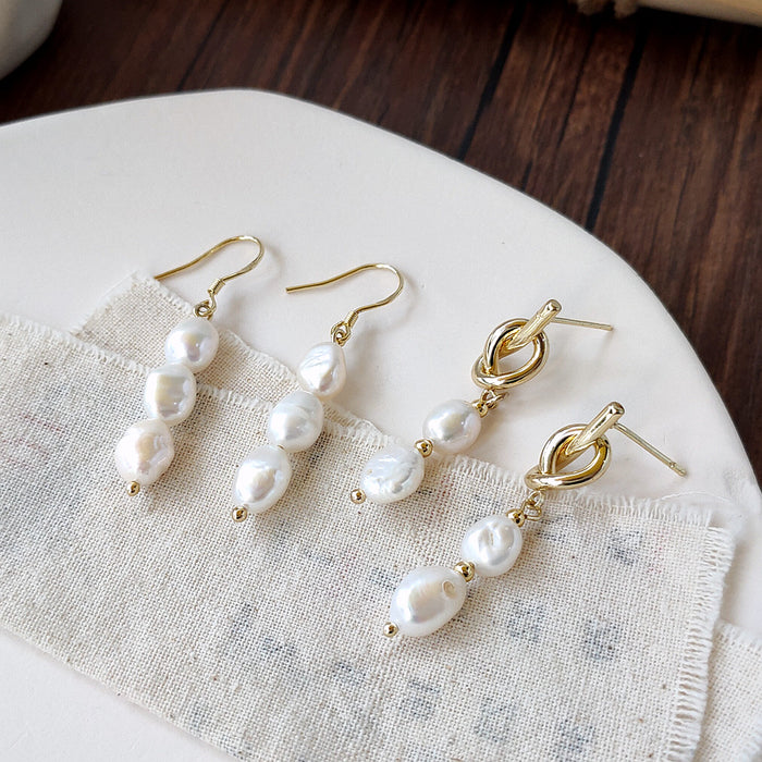 Gold Tone Irregular White Pearl Drop Earrings In Hook And Knot Styles