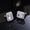 Clear Rectangular Halo Stud Earrings in Silver Tone view 2