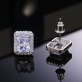 Clear Rectangular Halo Stud Earrings in Silver Tone view 4