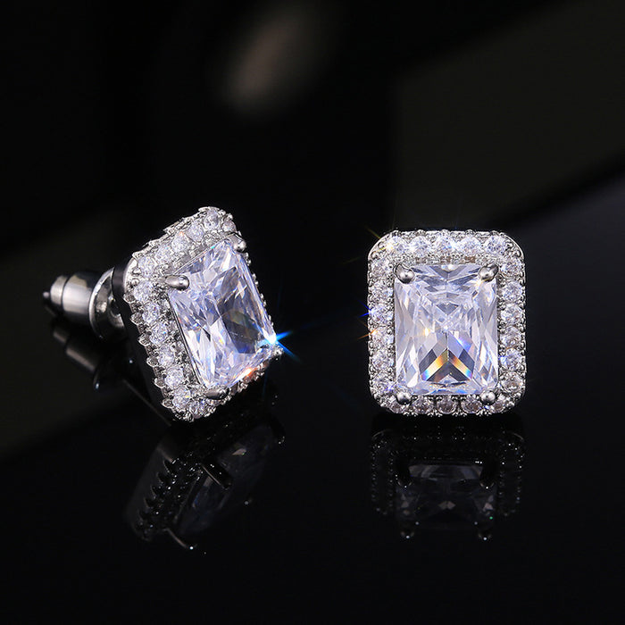 Clear Rectangular Halo Stud Earrings in Silver Tone