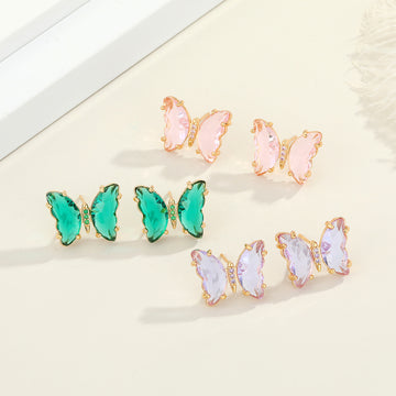 Gold Tone Faceted Butterfly Crystal Stud Earrings in Three Colors