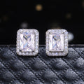 Clear Rectangular Halo Stud Earrings in Silver Tone view 3