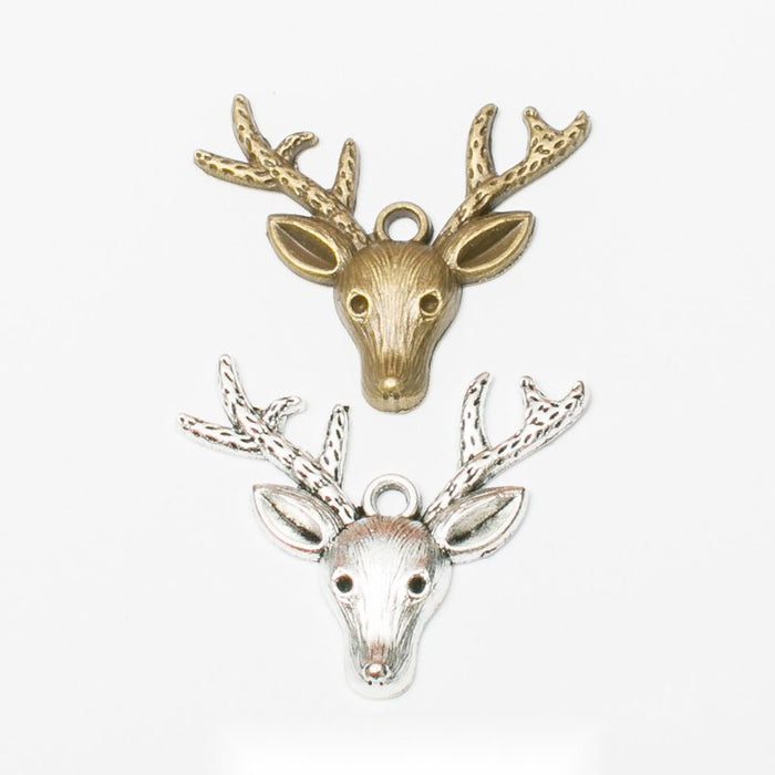 Antlered Deer Head Metal Charms in Antique Bronze and Silver