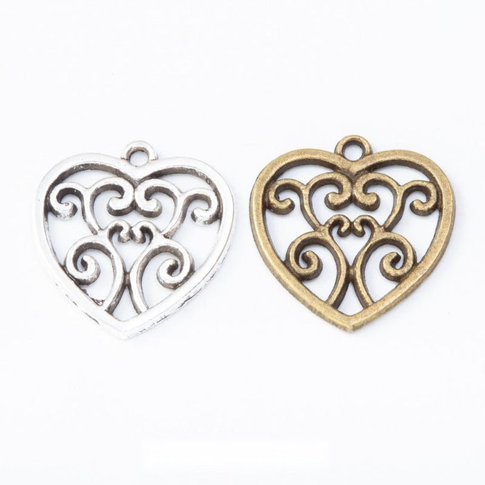 Open Scrollwork Heart Charms in Three Metal Finishes