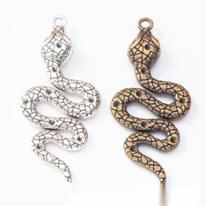 Double-Sided Coiled Snake Metal Charm in Two Antique Finishes