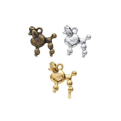 sculpted poodle dog metal charms in three plated finishes shown together in the available finishes