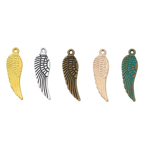 Assorted textured angel wing charm shown from the front