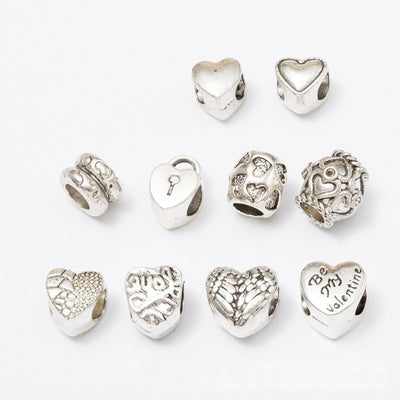 Overview of heart theme beads in the available designs and finishes