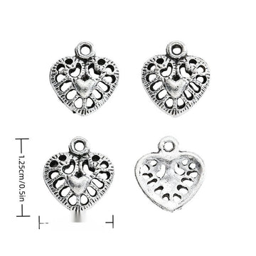 Antique Silver Openwork Heart Charm with Floral Scrollwork
