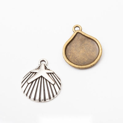 Scallop Shell Charm Pendant finish comparison showing radiating ribs within a rounded shell outline