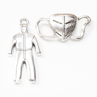 Protective suit and mask metal component, grouped front view on white