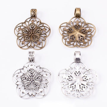 Antique Metal Filigree Flower Medallion Pendant With Textured Detail, 2 Finishes