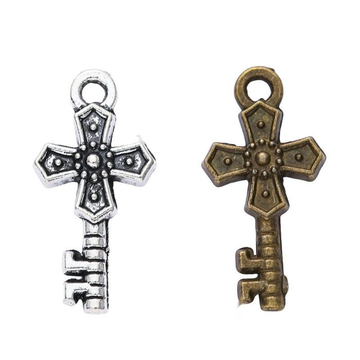 Cross Top Key Charms in Antique Bronze, Antique Silver