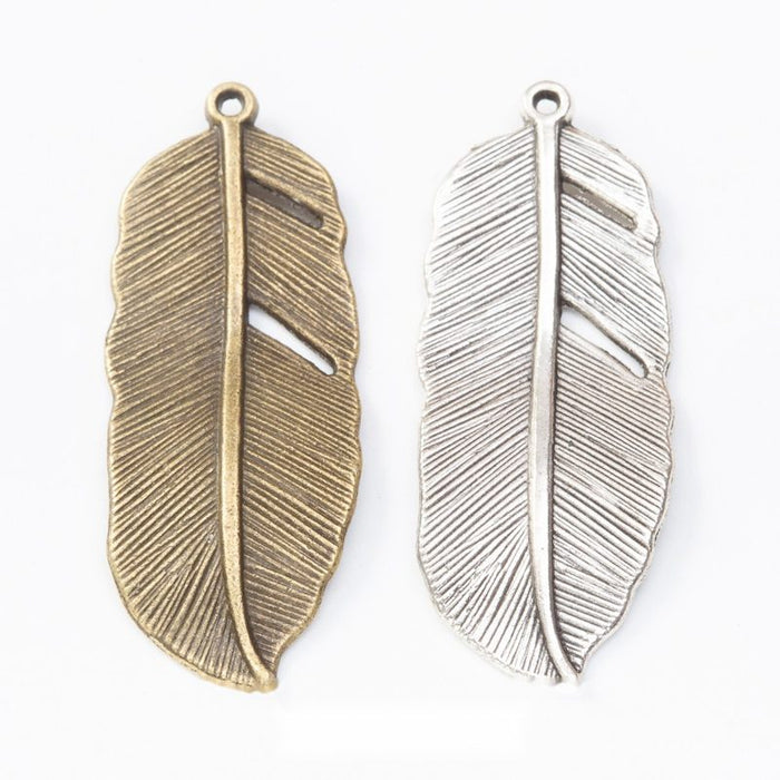 Large Detailed Feather Metal Charm Pendant Jewelry Making Component