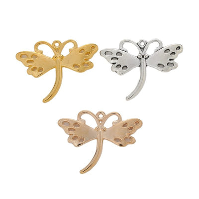 Dragonfly silhouette with perforated wings and a curved tail shown in the available finishes