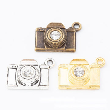 Crystal Accent Camera Metal Charm in 3 Distinct Finishes for Jewelry Making