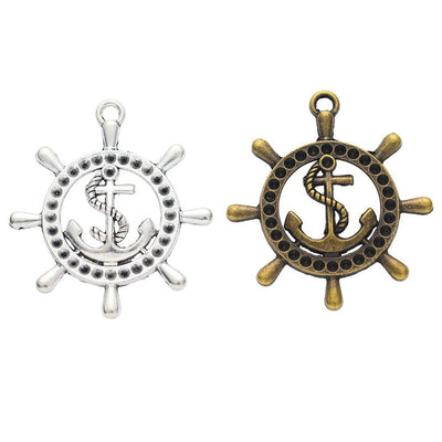 Ship Wheel and Anchor Metal Charm Pendants shown in a grouped front view on a plain background
