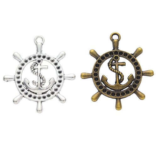 Ship Wheel and Anchor Metal Charm Pendants shown in a grouped front view on a plain background