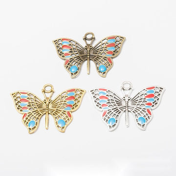 Large Enamel Butterfly Pendant in Three Antique Metal Finishes