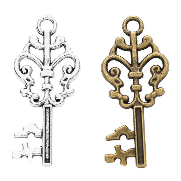 Fleur-De-Lis Bow Key Metal Charm for Jewelry Making in Antique Bronze and Antique Silver