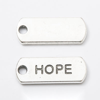 HOPE Engraved Rectangular Tag Pendant Charm in Antique shown in front and back product view