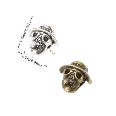Three-dimensional skull wearing a brimmed hat shown in the available finishes