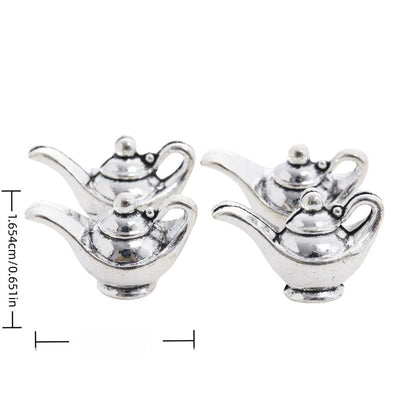Front and reverse views of floral teapot charms with measurement and weight guides