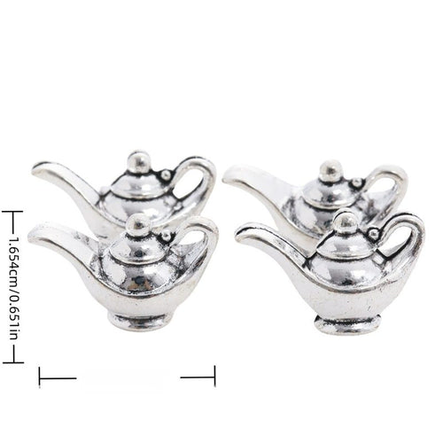 Front and reverse views of floral teapot charms with measurement and weight guides