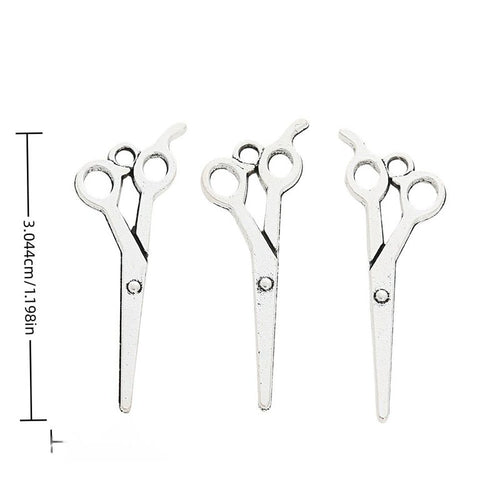 Front and reverse views of hairdressing scissors charms with measurement and weight guides