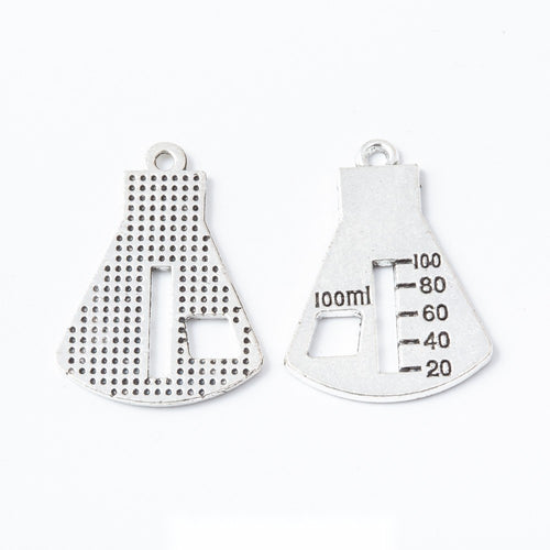Graduated Laboratory Flask Pendant Charm in Antique Silver shown in front and back product view