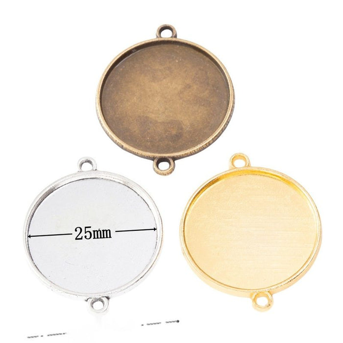 Double Loop 25mm Round Cabochon Connector Trays in Three Finishes