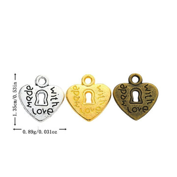 Made With Love Heart Charm with a heart outline, keyhole, in 3 Metal Finishes