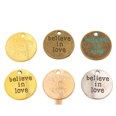 Finish overview of believe in love round metal charm