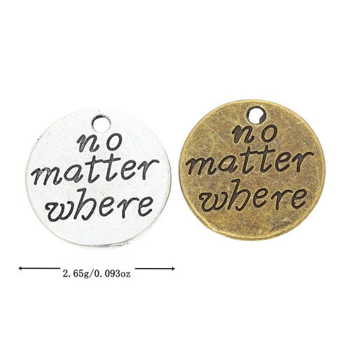 Antique Bronze, Antique Silver round message charm shown in an overview