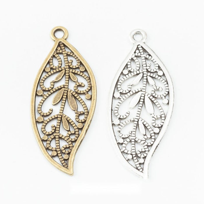 Openwork Filigree Leaf Charm In Antique Bronze and Antique Silver Metal Finish
