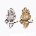 Detailed Perched Owl Charm In Antique Bronze and Antique Silver Metal Finish view 1