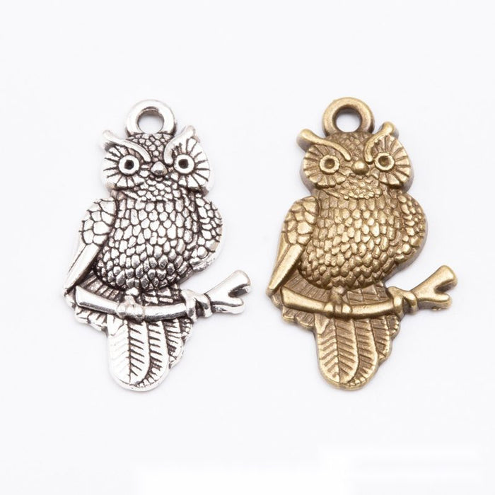 Detailed Perched Owl Charm In Antique Bronze and Antique Silver Metal Finish
