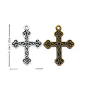 Ornate Cross Charm with scrollwork across a broad cross silhouette in 2 Metal Finishes view 1