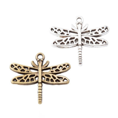 Openwork Dragonfly Charm Pendant finish comparison showing patterned open wings and a segmented body