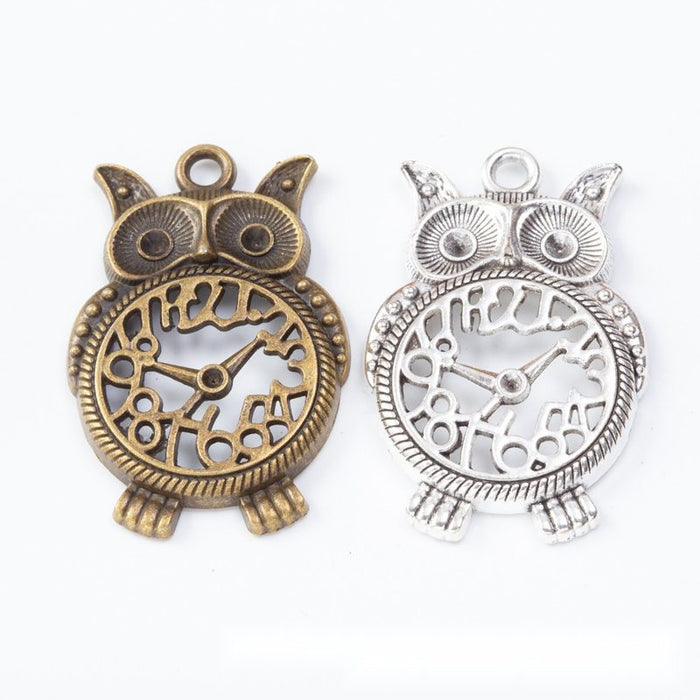 Owl Clock Charm in 2 Finishes Metal Component for Jewelry Making