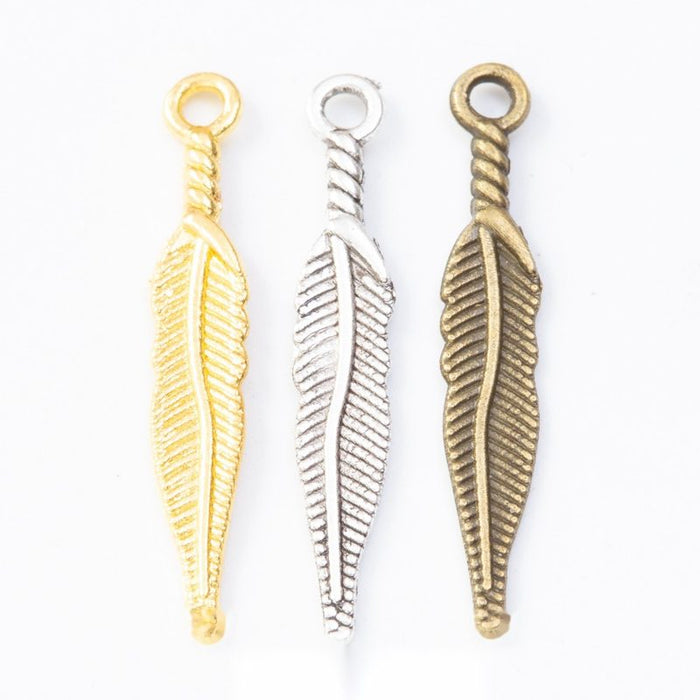 Long Feather Metal Charm In 3 Finish Options for Jewelry Making