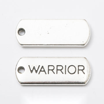 WARRIOR Engraved Rectangular Tag Pendant Charm in Antique Silver
